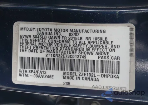 2003 Toyota Matrix Standard z USA, uszkodzony, nr VIN 2T1KR32E73C013749